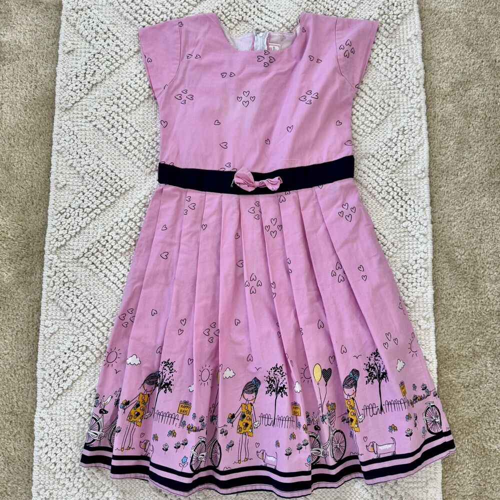 G Jilax Girl Sz 36 EU Pink Boutique Dress Pleated Skirt Happy Days Bicycle Print